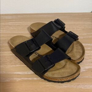 Birkenstock Arizona Shiny Lizard Black and Tan Sandals